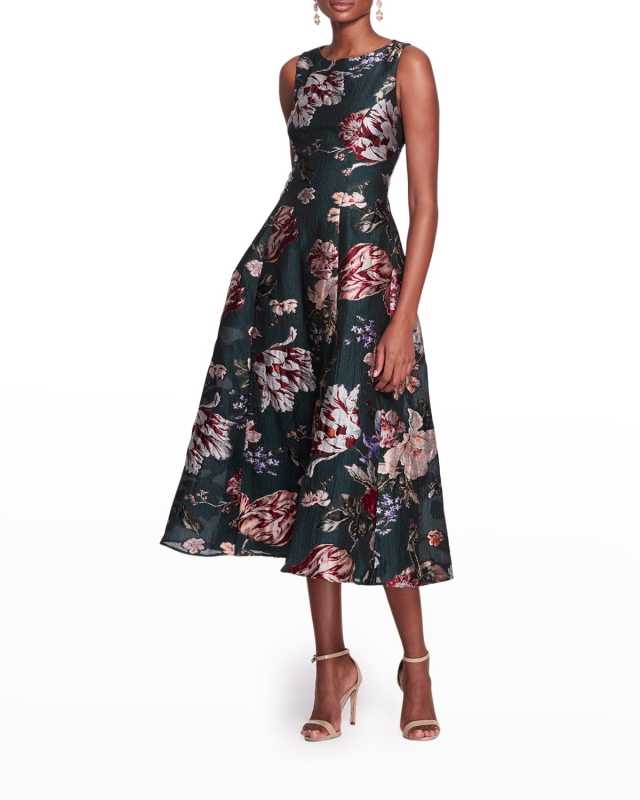 Flower-Print Sleeveless Fit & Flare Evening Dress